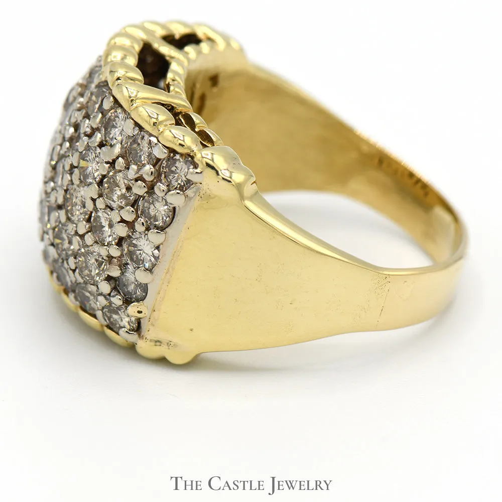 5 Row Domed Diamond Cluster Ring with Scalloped Cathedral Mounting in 14k Yellow Gold