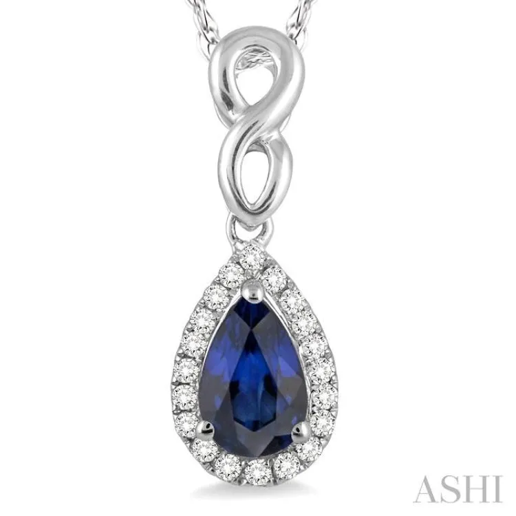 6x4 MM Pear Shape Sapphire and 1/10 Ctw Round Cut Diamond Pendant in 10K White Gold with Chain