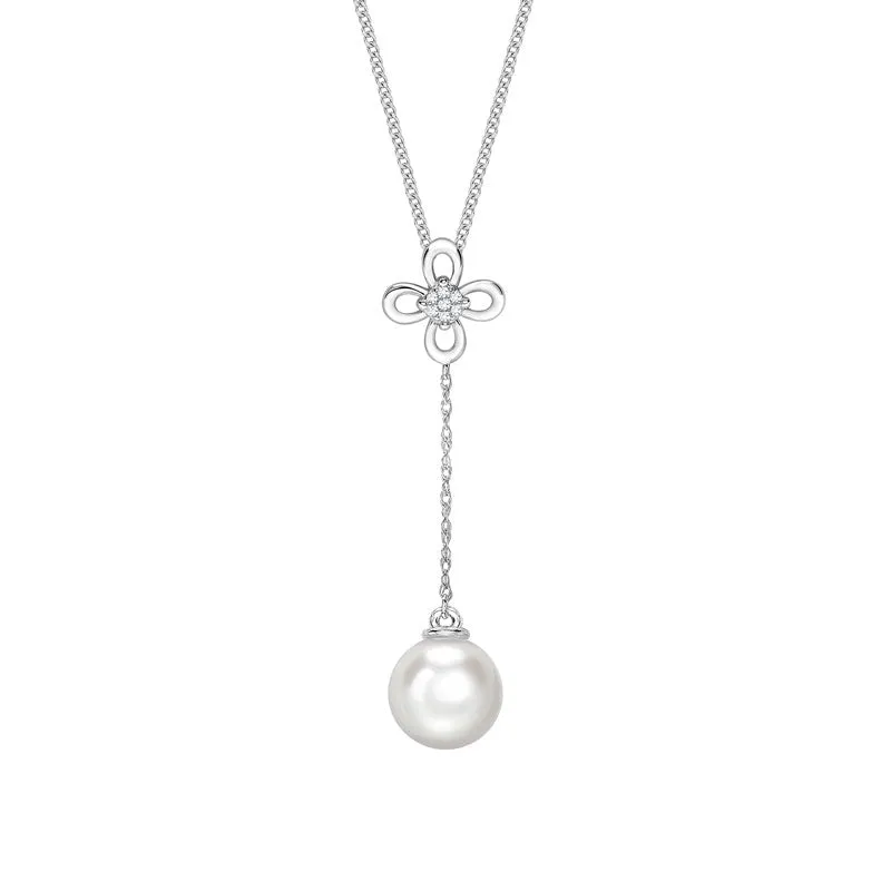 9ct White Gold Freshwater Pearl And 0.06ct Diamond Flower Drop Necklace