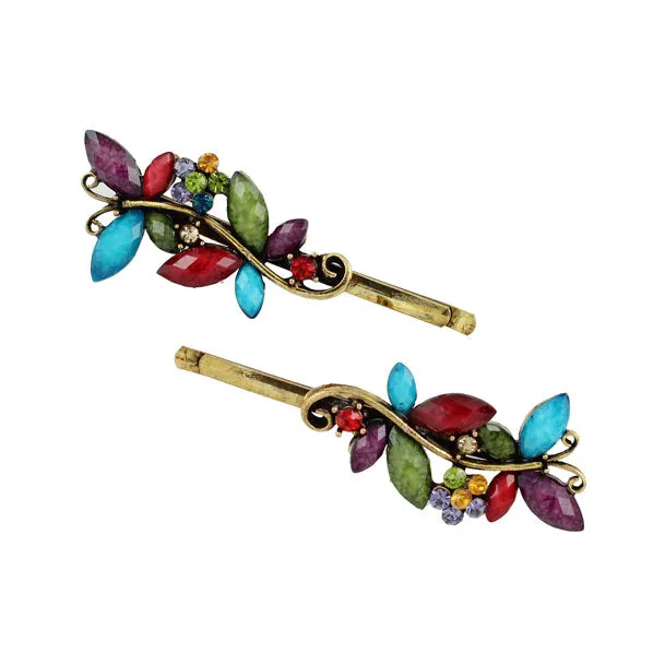 Antique Brass Rhinestone Flower & Butterflies Hair Clips [Pair]