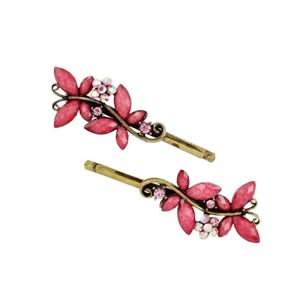 Antique Brass Rhinestone Flower & Butterflies Hair Clips [Pair]