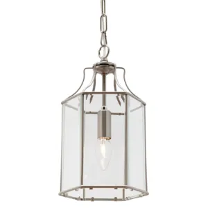 Arcadia 1 Light Lantern Pendant Satin Chrome with Clear Glass