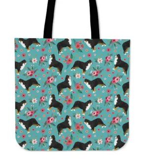 Bernese Mountain Dog Flower Linen Tote Bag