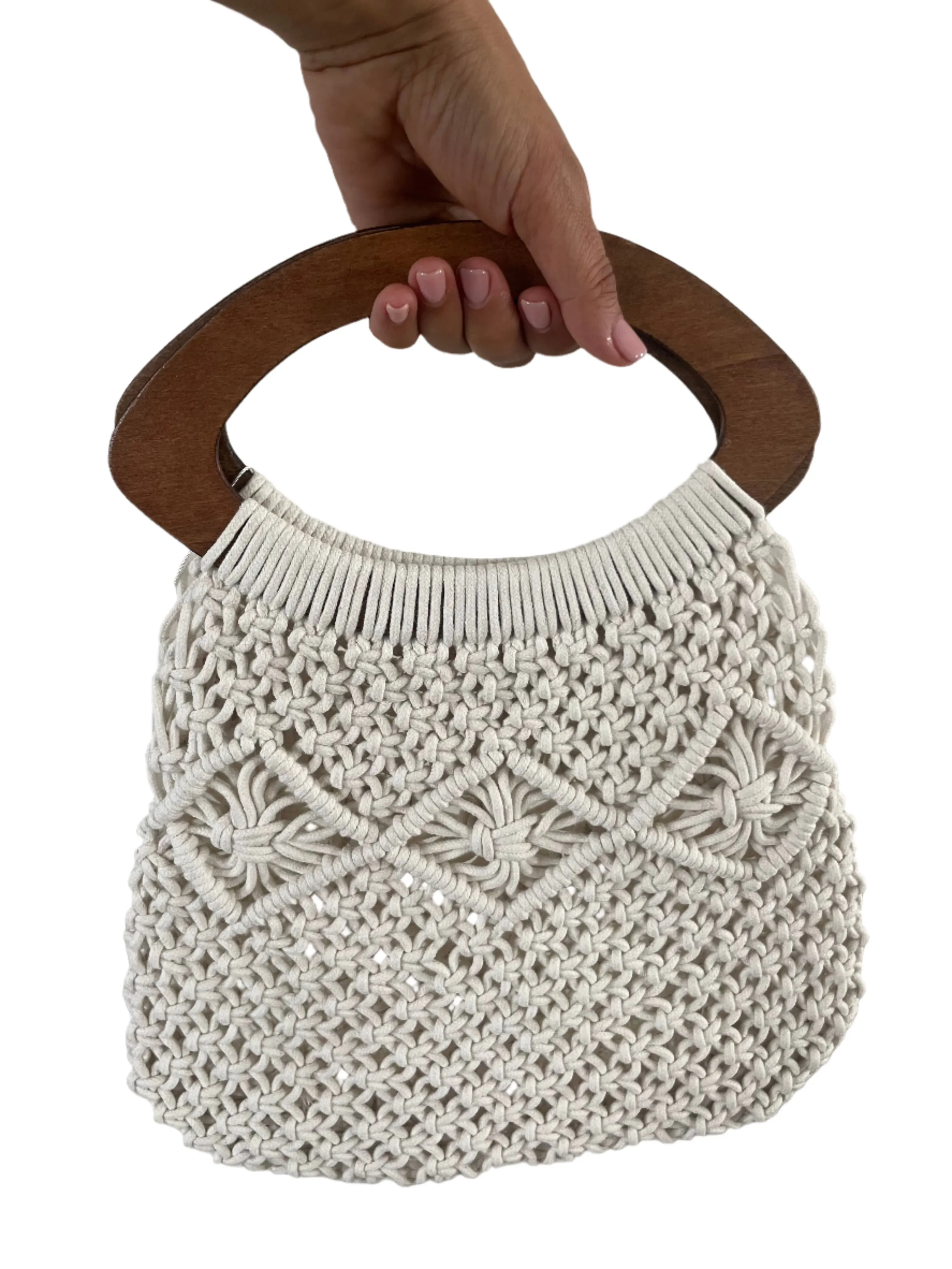 Bucci The Label - Crochet Beach Bag with Woden Handles - White