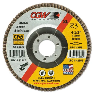 CGW Abrasives Prem Z3 Reg T29 Flap Disc, 4 1/2",120 Grit,7/8 Arbor,13300 rpm, 42326