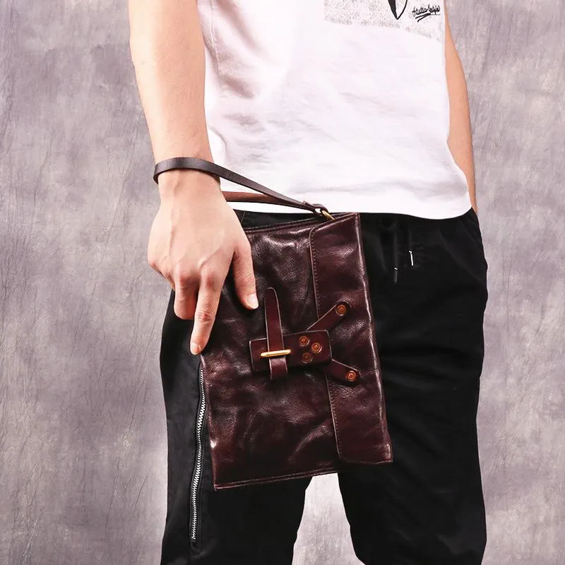 Chocolate Leather Mens Clutch Wristlet Wallet Bag Cool Zipper Clutch Wallet For Men