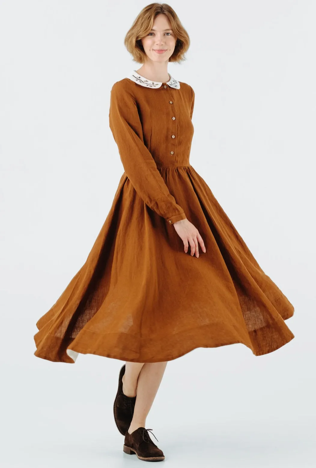 Classic Dress with Embroidered Hazelnut Collar, Long Sleeve