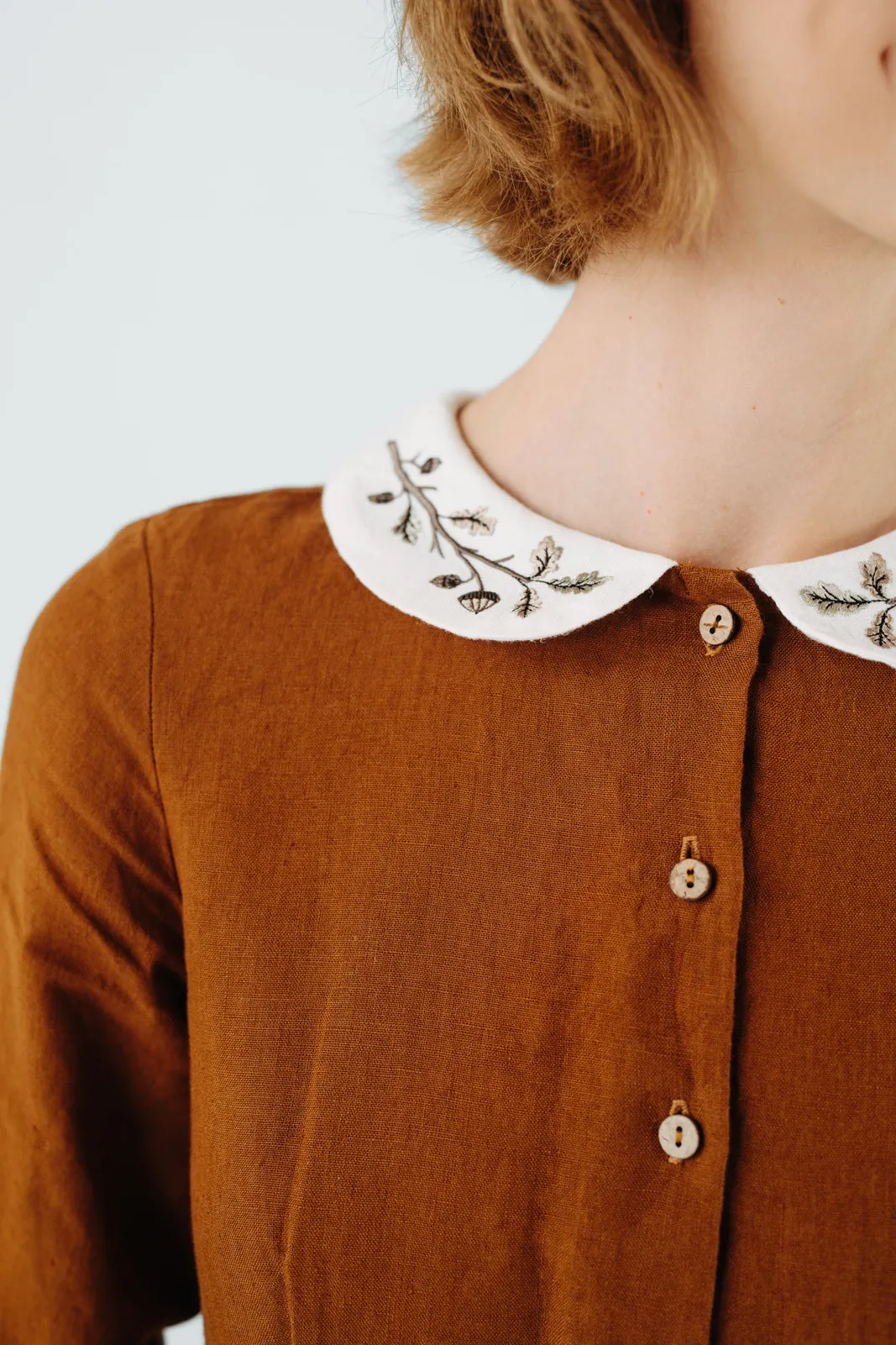 Classic Dress with Embroidered Hazelnut Collar, Long Sleeve