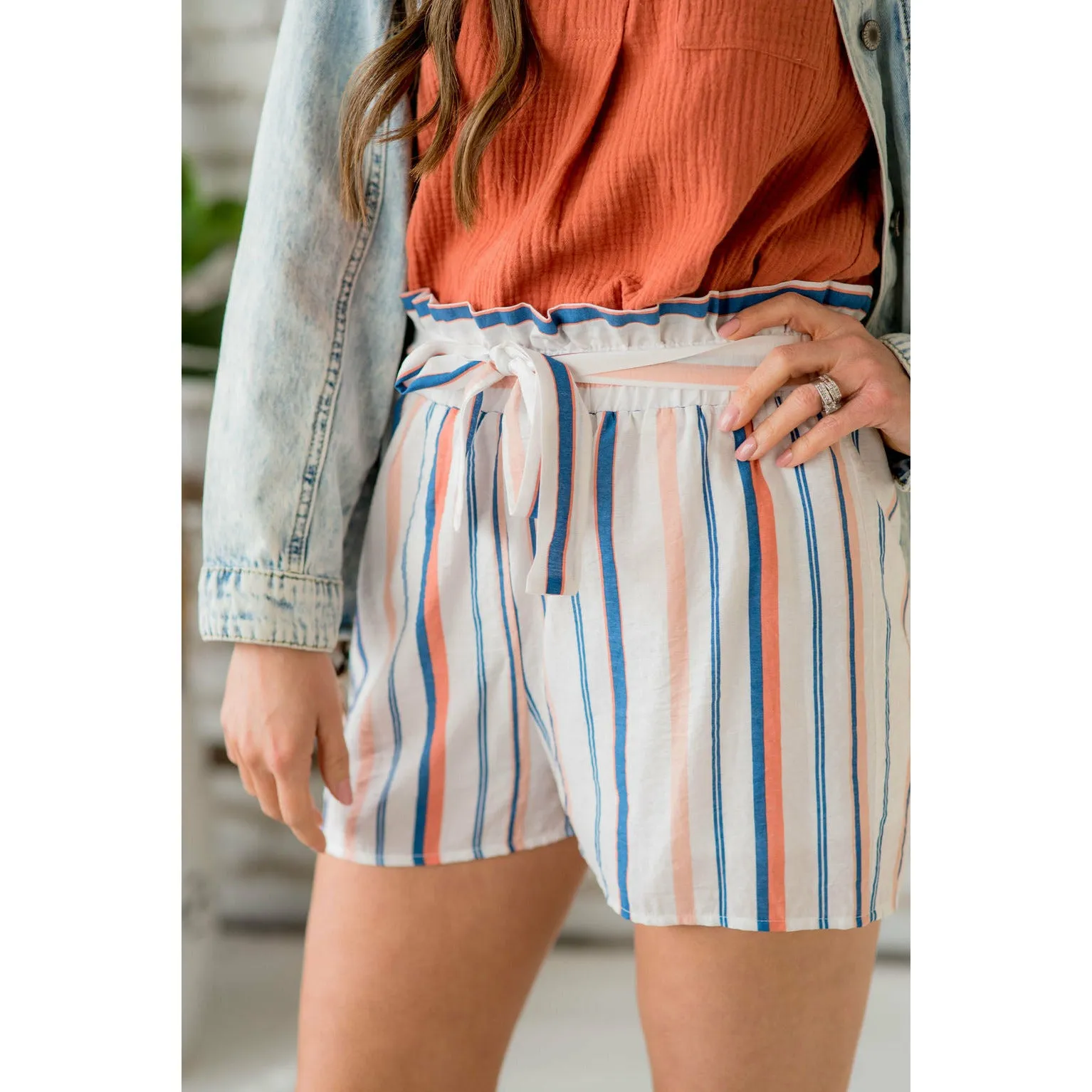 Color Stripe Paper Bag Waist Shorts