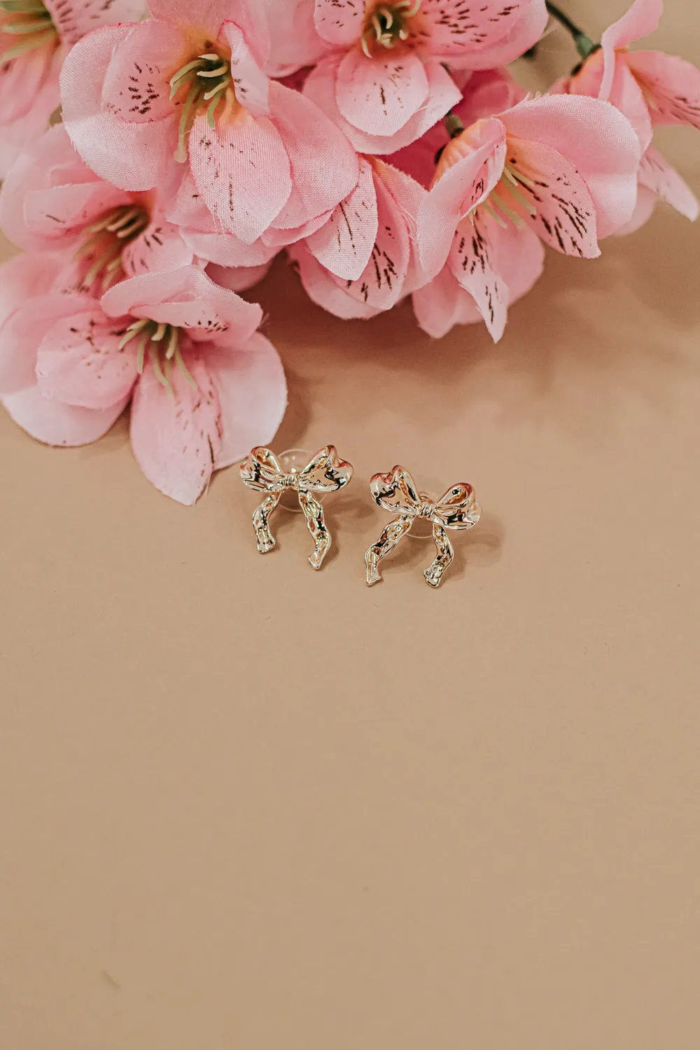 Crumbled Metal Bow Stud Earrings, Gold