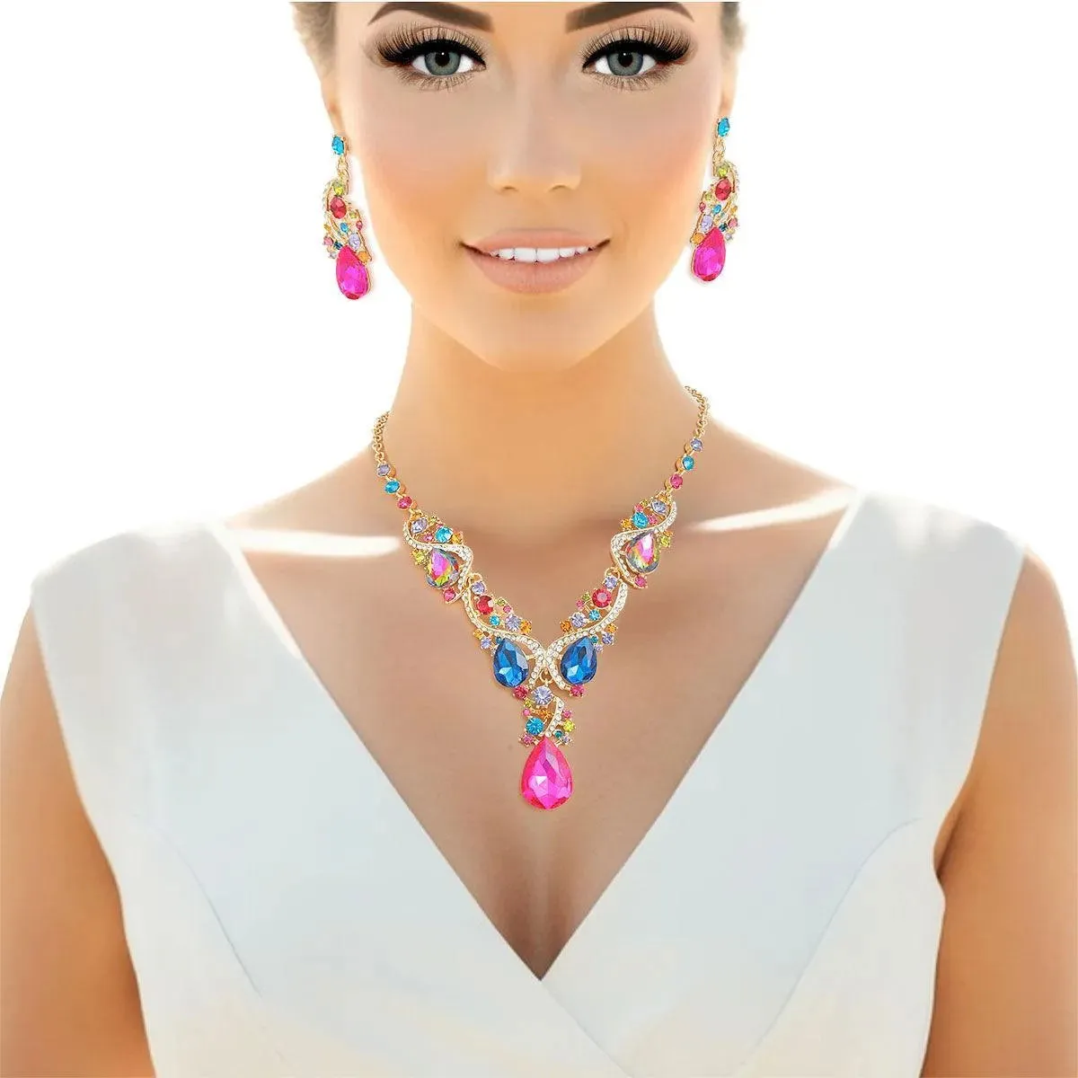 Dazzling Colorful Waterfall Necklace & Drop Earrings: Stun with Sparkle!