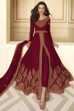 Dazzling Maroon Front Slit Party Wear Anarkali Suit