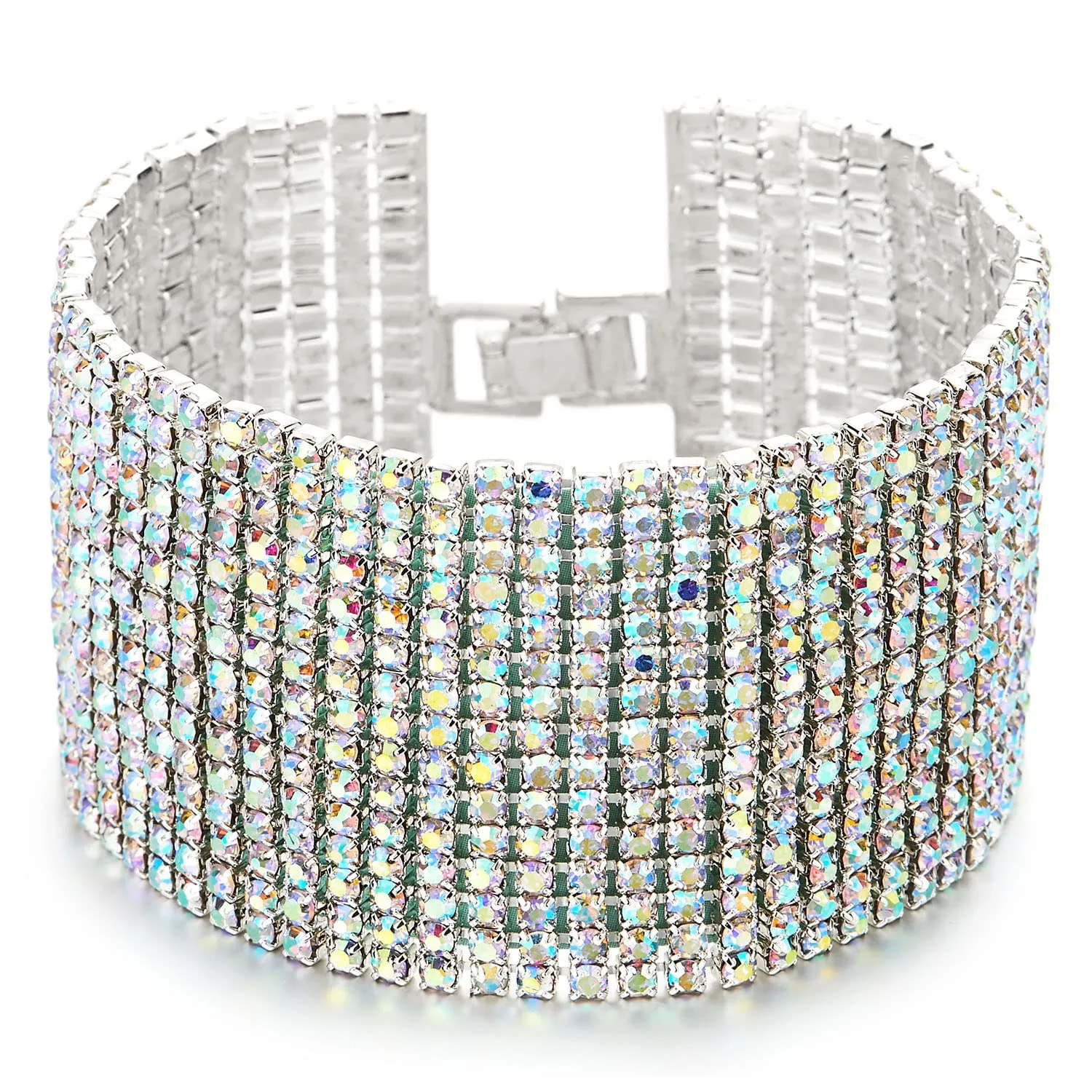 Dazzling Rainbow Rhinestones Pave Cluster Wide Bangle Bracelet