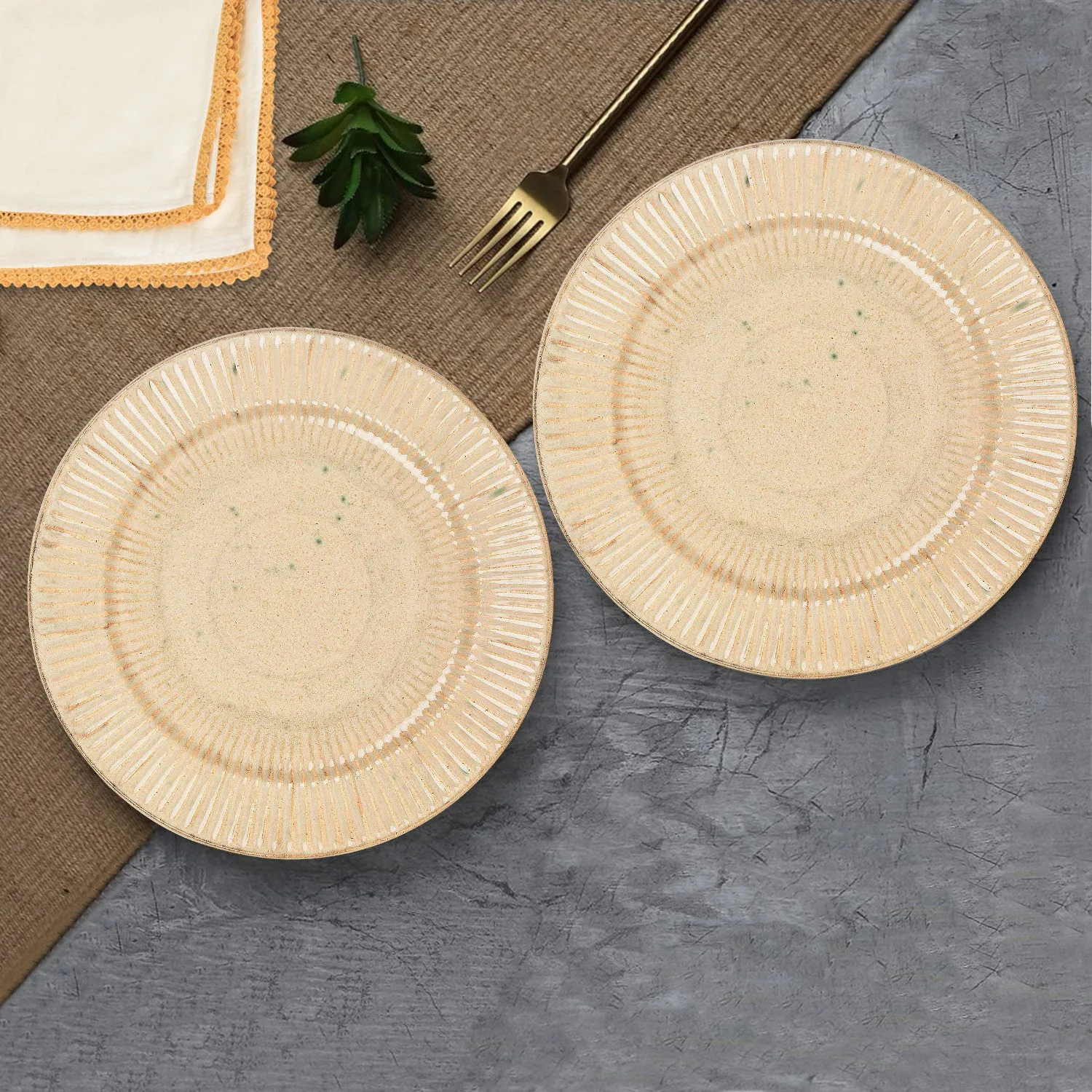 “Dazzling Riviera” Ribbed Ceramic Dinner Serving Plates (Set of 2, Ivory)