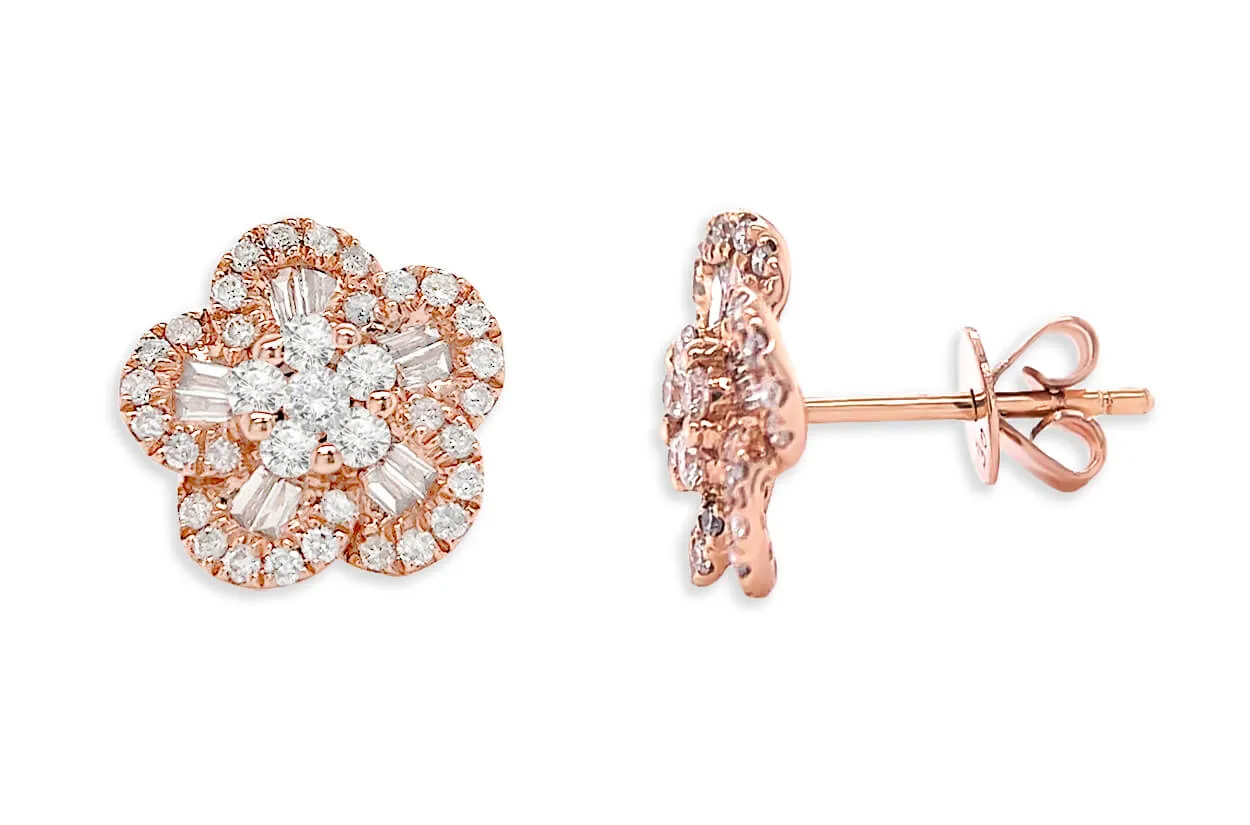 Earrings 18kt Gold Flowers Baguette & Round Diamonds