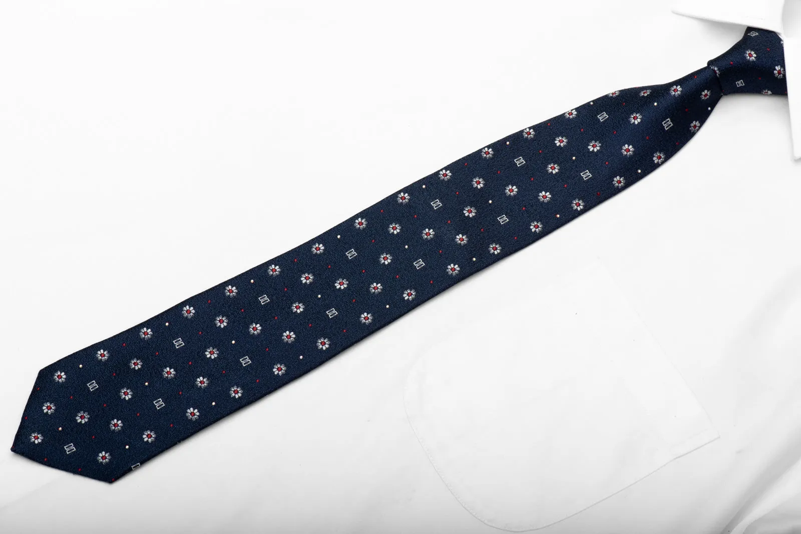 Elegant Silver Red Floral Design On Navy Blue Rhinestone Silk Tie