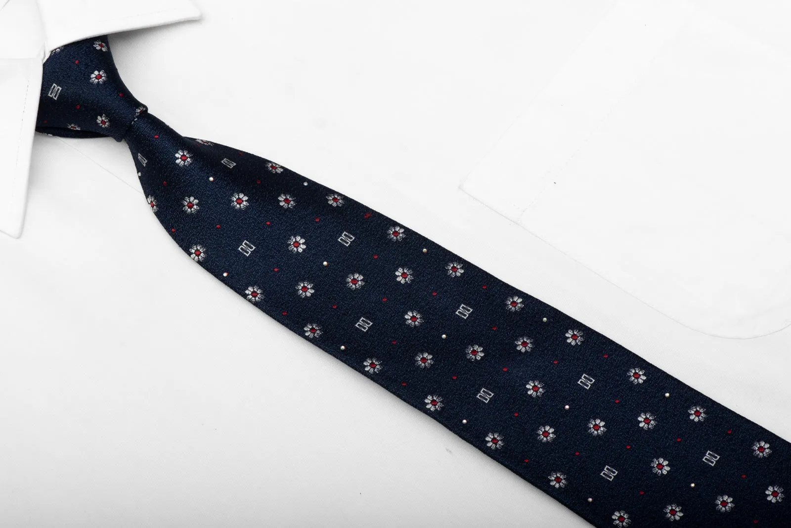 Elegant Silver Red Floral Design On Navy Blue Rhinestone Silk Tie