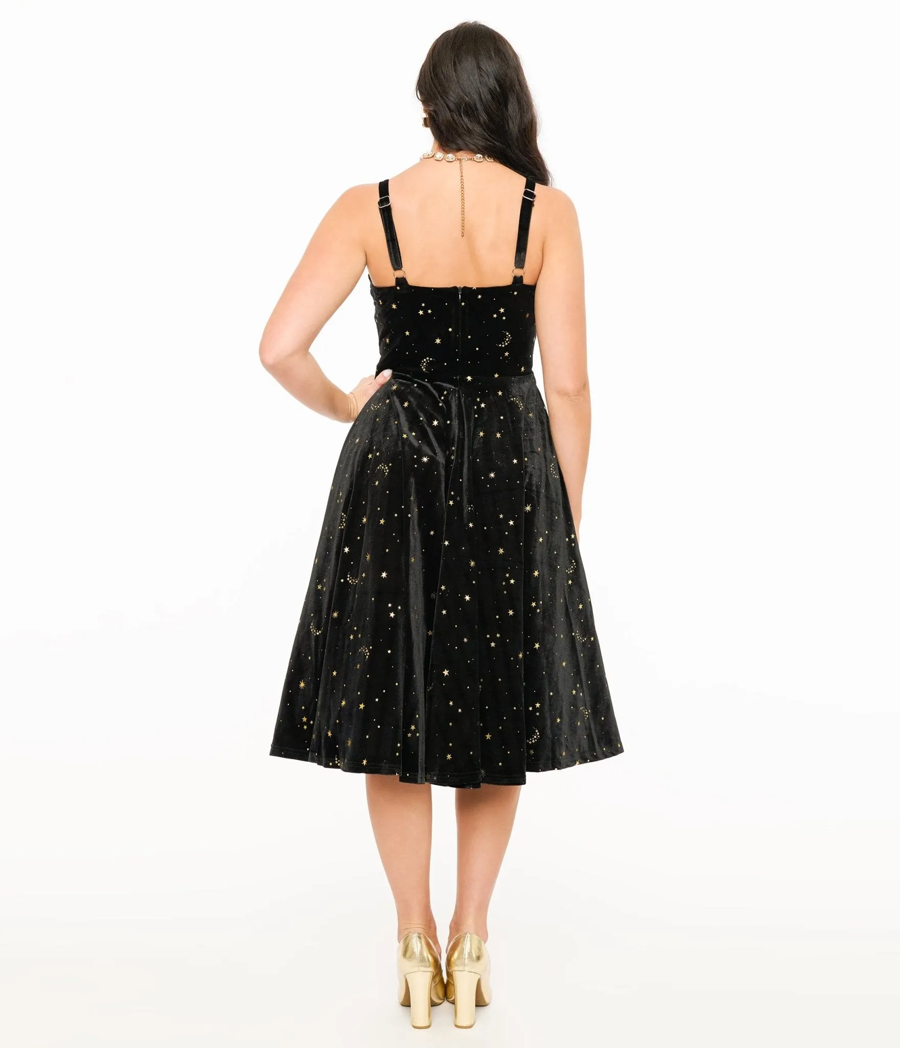 Elle Rebel Black Velvet & Gold Lunar Luxe Swing Dress