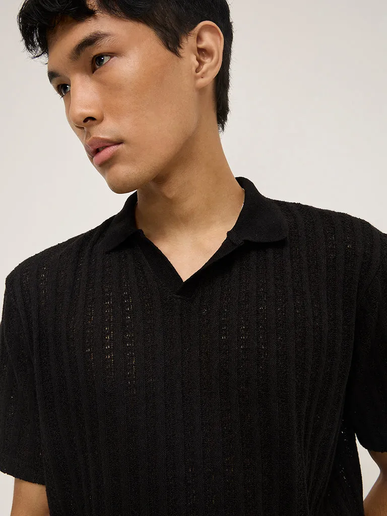 ETA Black Knit-Textured Relaxed-Fit Polo T-Shirt