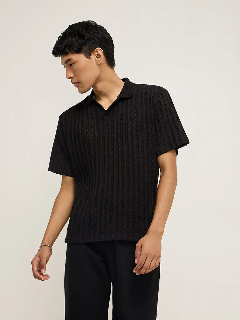 ETA Black Knit-Textured Relaxed-Fit Polo T-Shirt