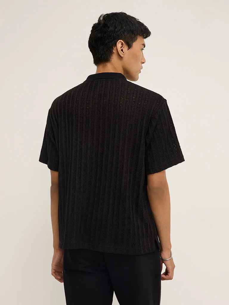 ETA Black Knit-Textured Relaxed-Fit Polo T-Shirt