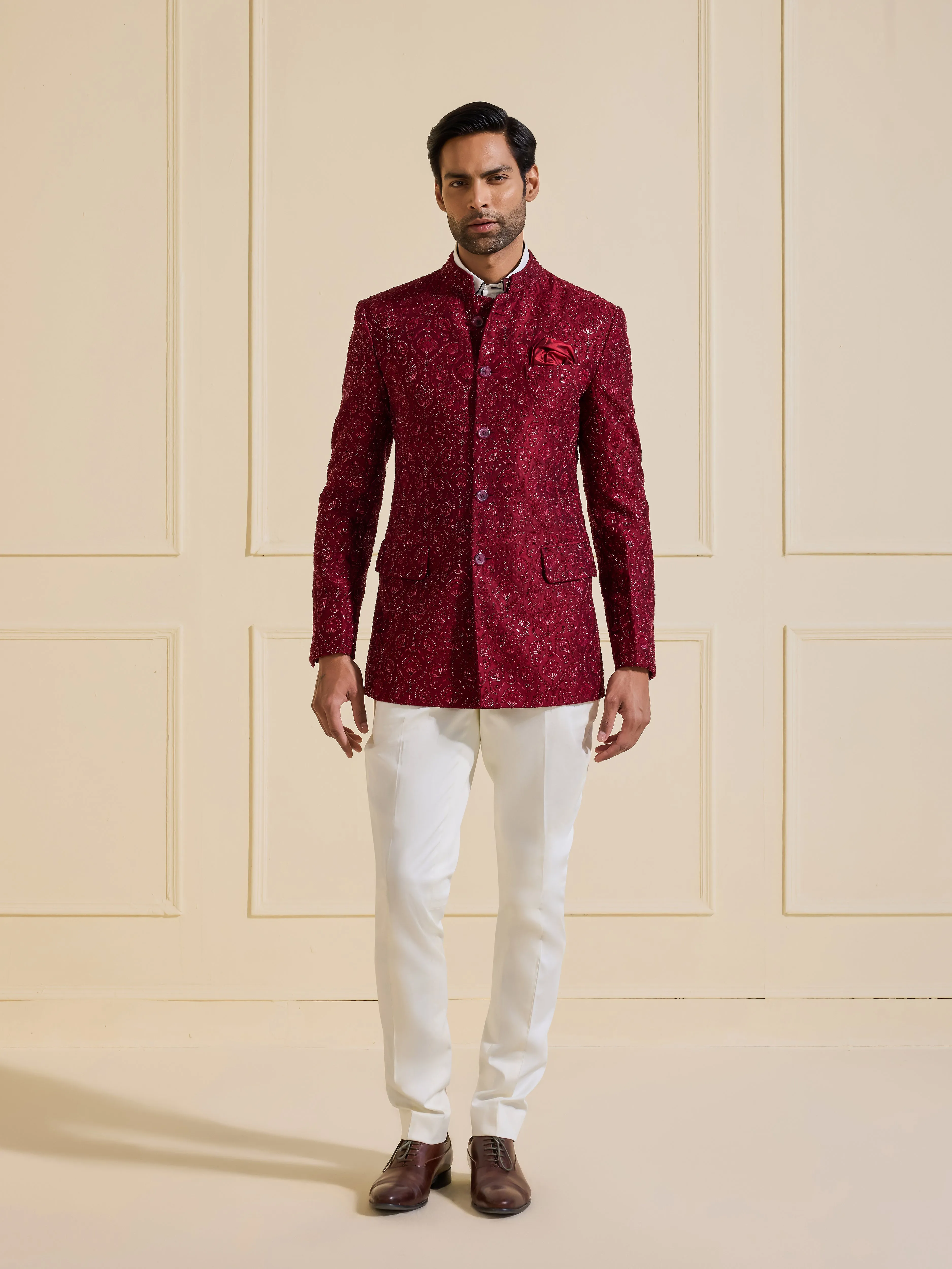 GARNET SPLENDOUR: THE SHIMMERING BANDHGALA JACKET