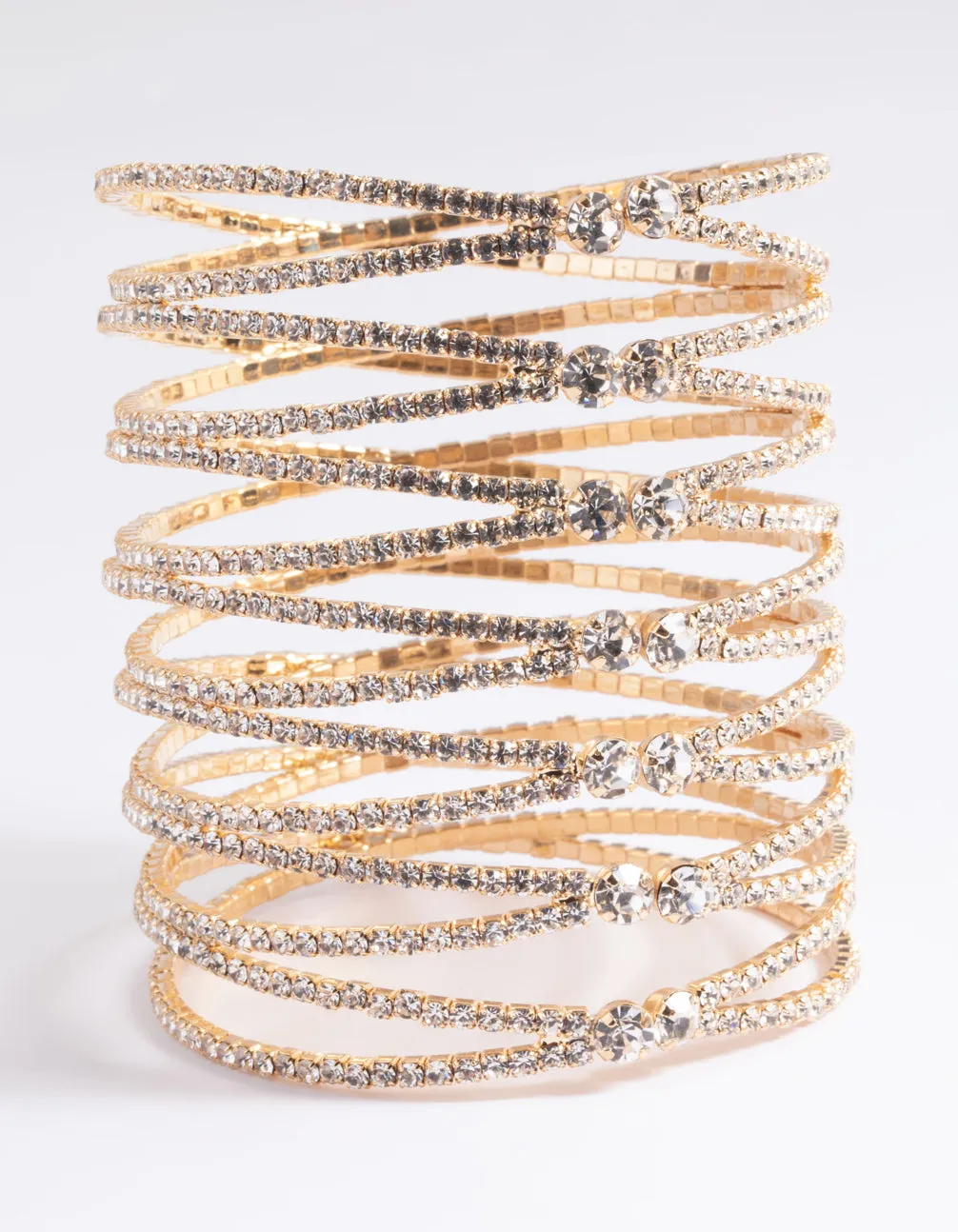 Gold Diamante Cross Over Eight Row Cuff Bracelet