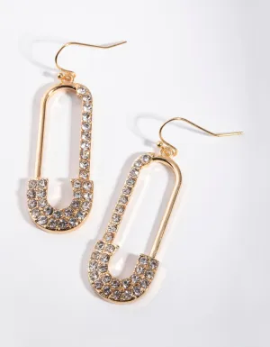 Gold Diamante Safety Pin Drop Earrings