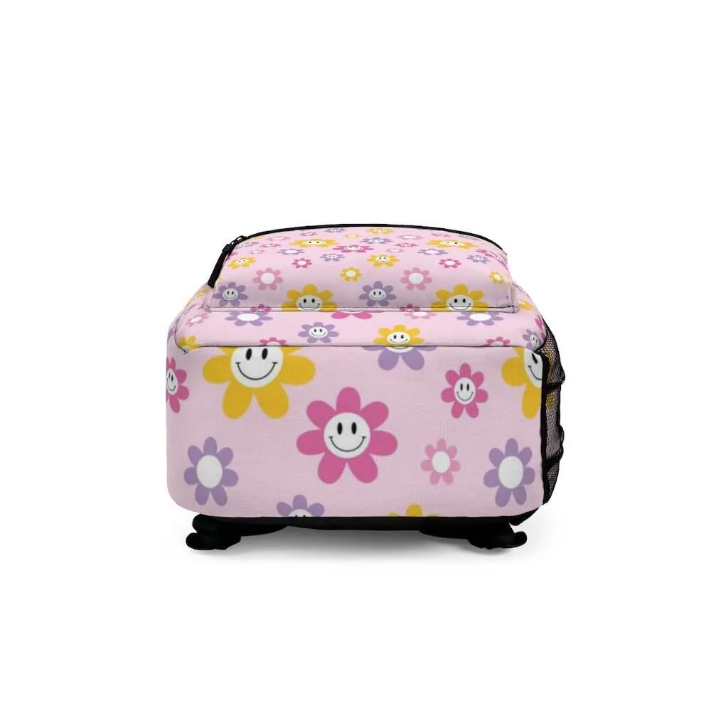 Happy Smiley Pink Flowers Cute Floral Pattern Backpack