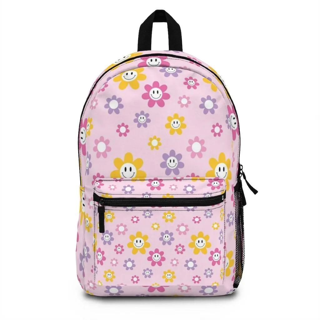 Happy Smiley Pink Flowers Cute Floral Pattern Backpack