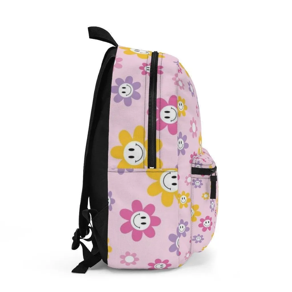 Happy Smiley Pink Flowers Cute Floral Pattern Backpack