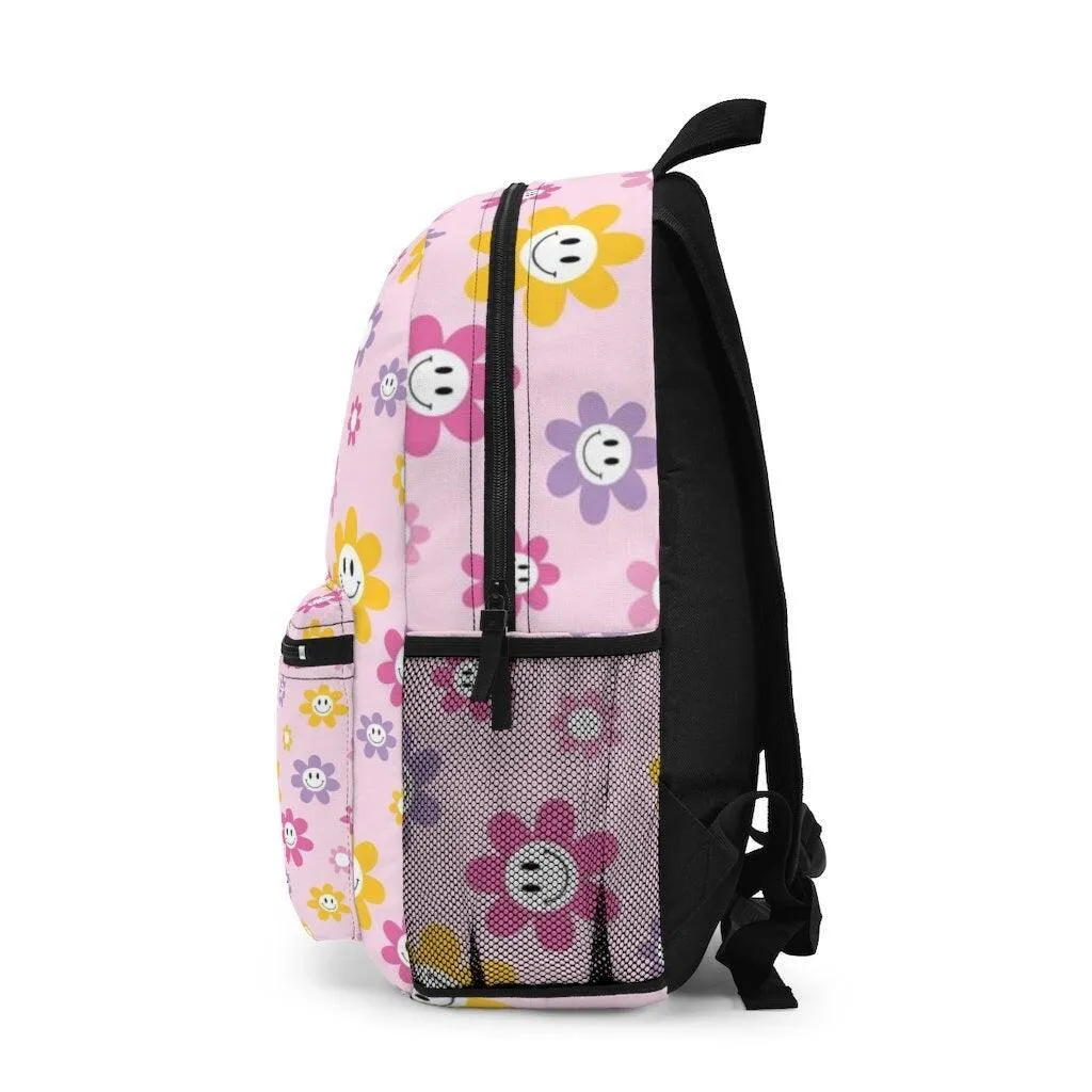 Happy Smiley Pink Flowers Cute Floral Pattern Backpack