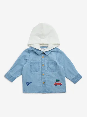 HOP Baby Blue Text Printed Hooded Denim Shirt