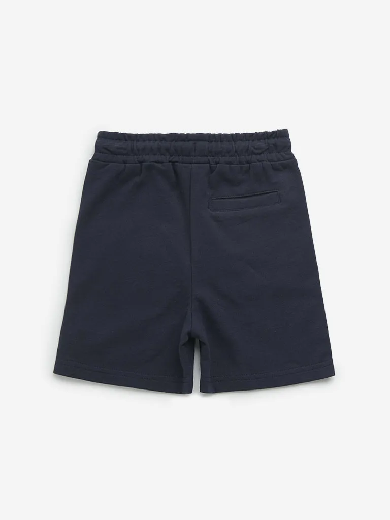 HOP Kids Navy Text Design Mid-Rise Cotton Shorts