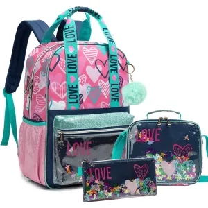 Kids Girls Love Print Sequin 3pcs School Backpack/Bag Set