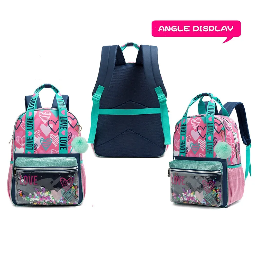 Kids Girls Love Print Sequin 3pcs School Backpack/Bag Set