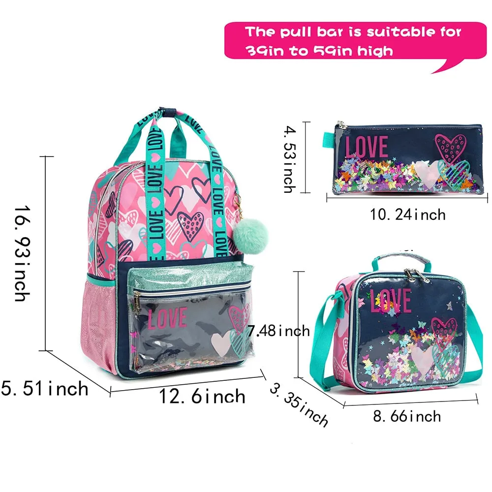 Kids Girls Love Print Sequin 3pcs School Backpack/Bag Set