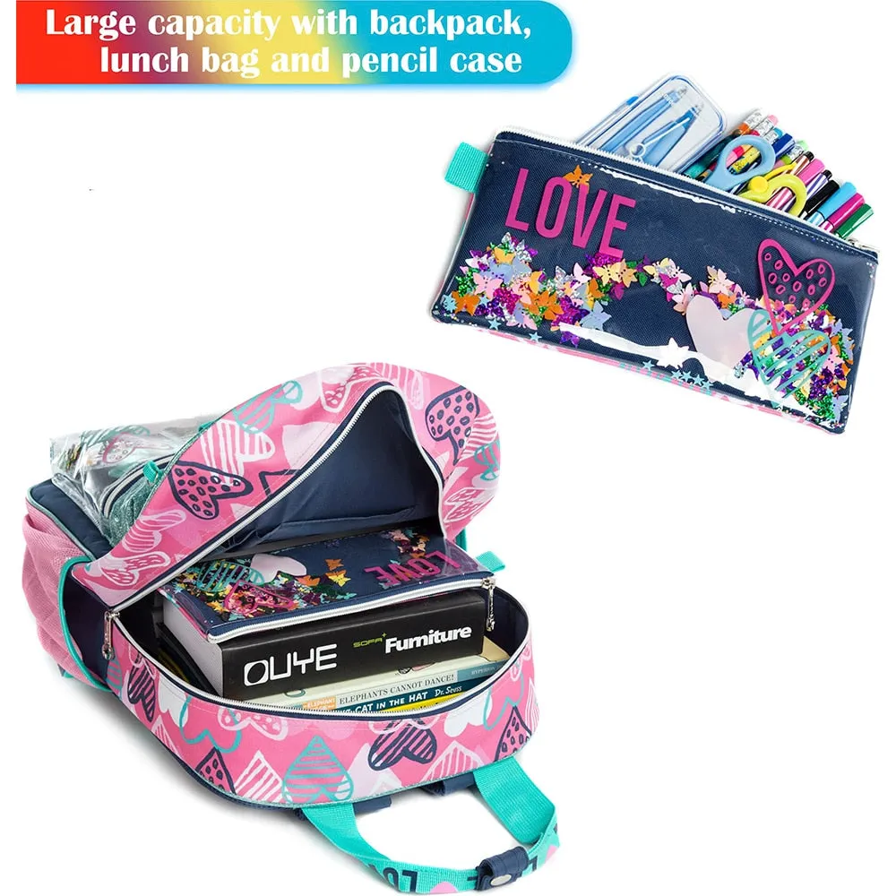 Kids Girls Love Print Sequin 3pcs School Backpack/Bag Set