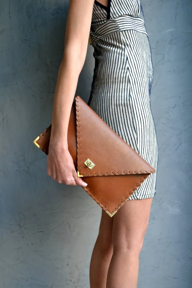 Large leather clutch in tabac brown: Large with Gold Hardware