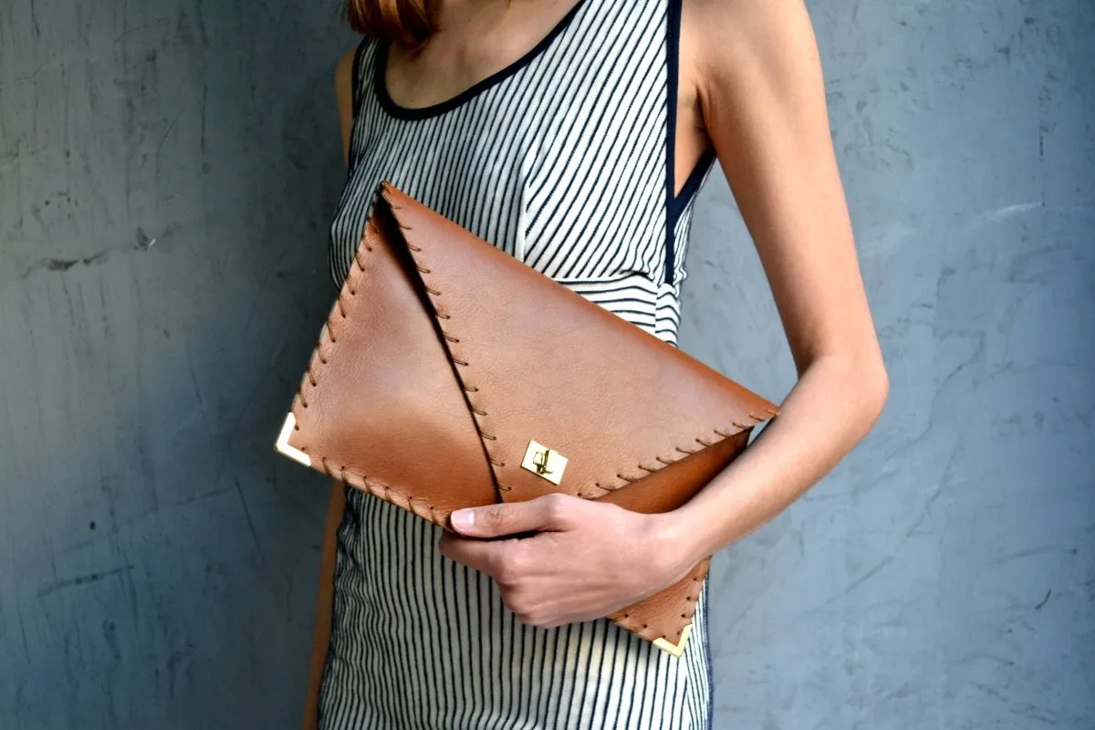 Large leather clutch in tabac brown: Large with Gold Hardware