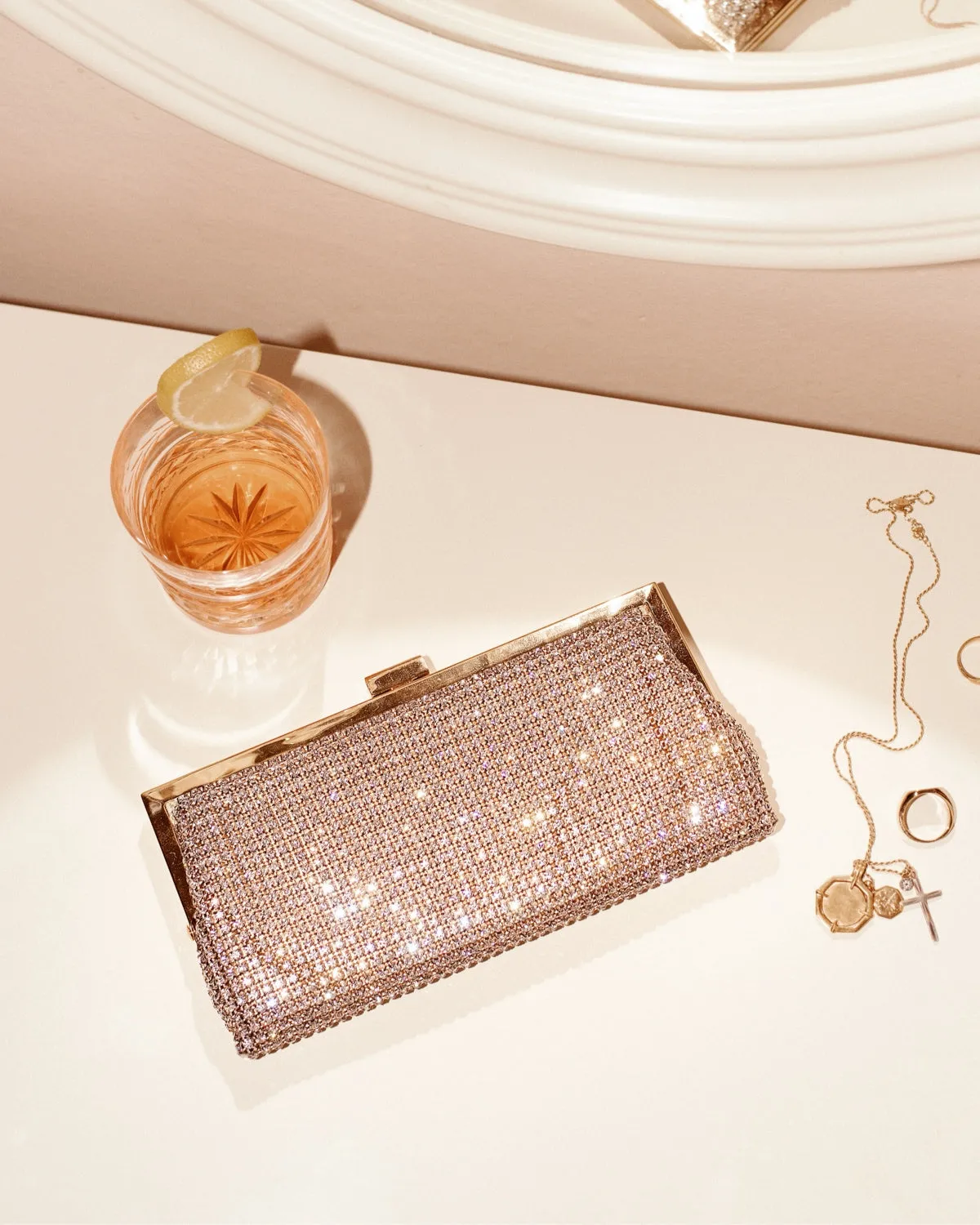 Laura gold crystal mesh baguette clutch