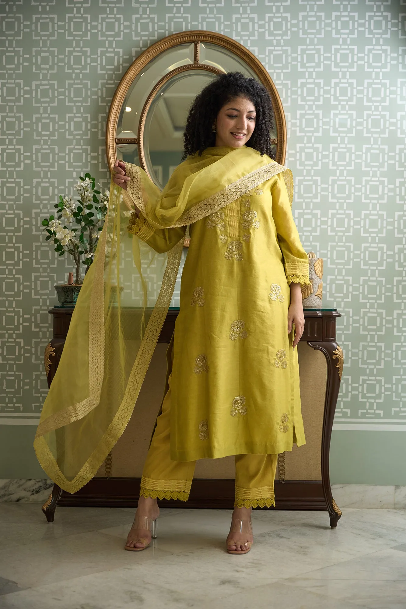 lime green embroidered v neck chanderi kurta set