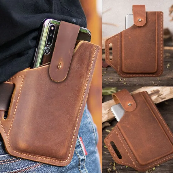 Men EDC Genuine Leather 6.5 Inch Phone Holder Waist Belt Bag