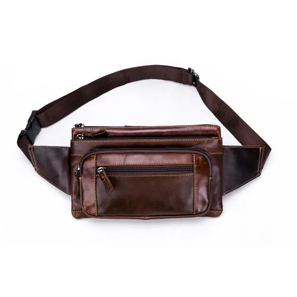 Men Genuine Leather Waist Bag Multifunction Phone Bag Casual Sport Bag