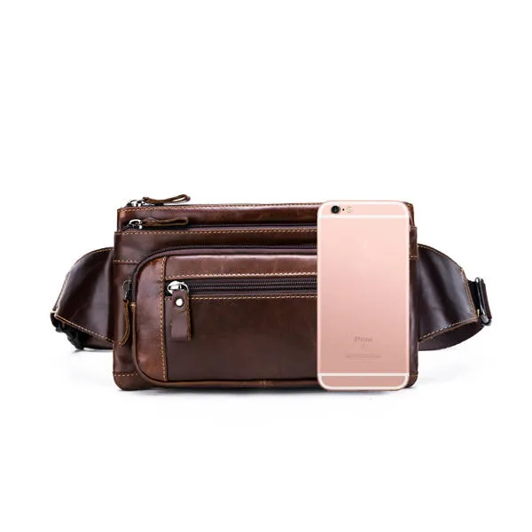 Men Genuine Leather Waist Bag Multifunction Phone Bag Casual Sport Bag