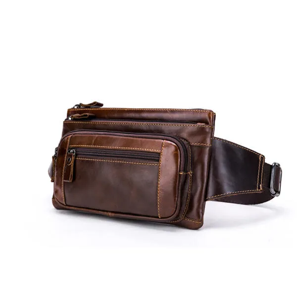 Men Genuine Leather Waist Bag Multifunction Phone Bag Casual Sport Bag