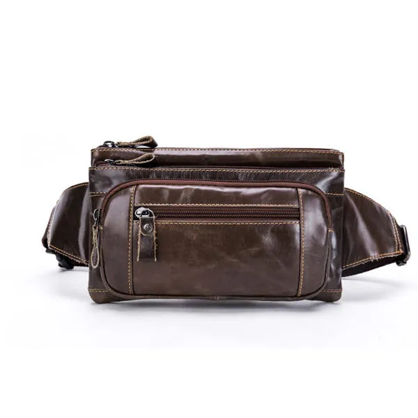 Men Genuine Leather Waist Bag Multifunction Phone Bag Casual Sport Bag