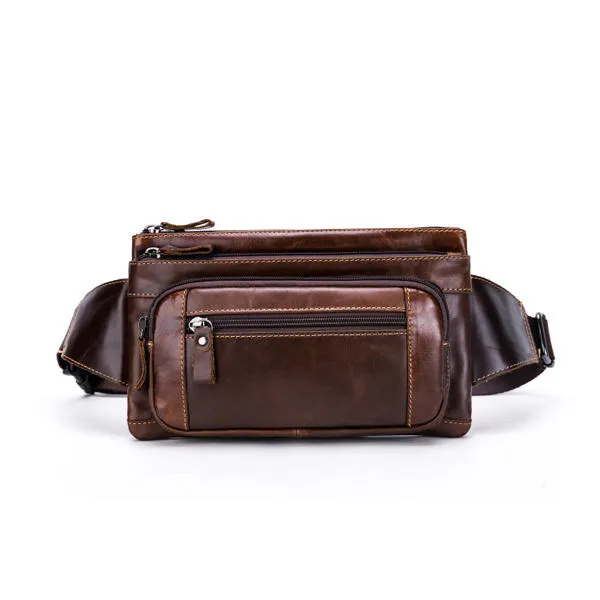 Men Genuine Leather Waist Bag Multifunction Phone Bag Casual Sport Bag