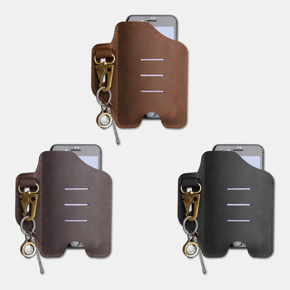 Men Multifunction Short Phone Case With Keychain Genuine Leather Retro Open Belt Bag Waist Bag