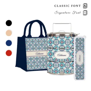 Moroccan Frost Blue Tiffin Carrier, Jute Tote Bag  & Cutlery Set [FREE Custom Add Name]